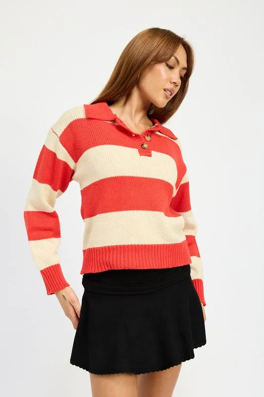 Bold Stylish Stripe High Collared Knit Sweater Top