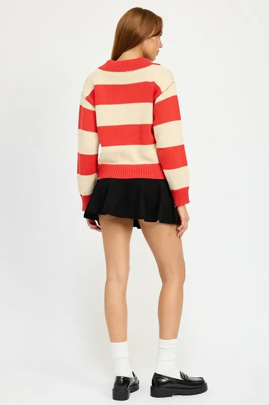 Bold Stylish Stripe High Collared Knit Sweater Top