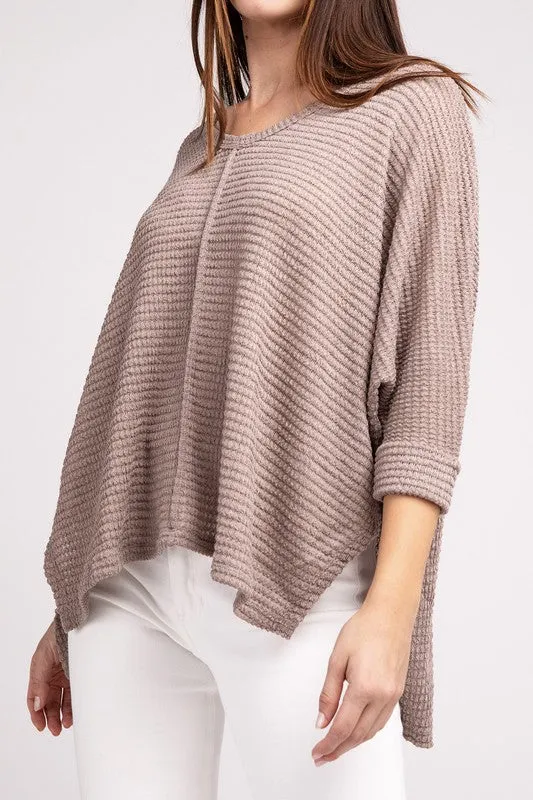 Chic Elegant Trendy 3/4 Sleeve V-Neck Hi-Low Hem Jacquard Sweater
