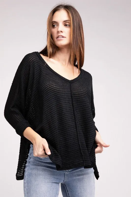 Chic Elegant Trendy 3/4 Sleeve V-Neck Hi-Low Hem Jacquard Sweater