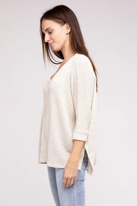 Chic Elegant Trendy 3/4 Sleeve V-Neck Hi-Low Hem Jacquard Sweater