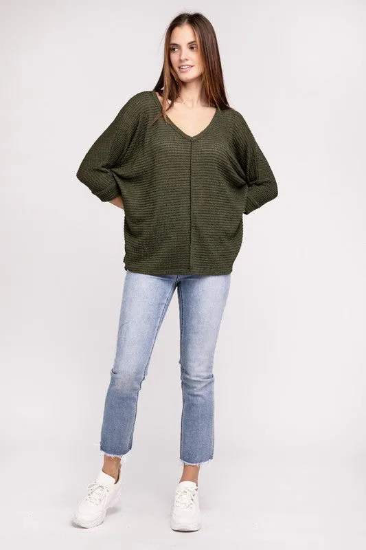 Chic Elegant Trendy 3/4 Sleeve V-Neck Hi-Low Hem Jacquard Sweater