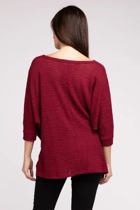 Chic Elegant Trendy 3/4 Sleeve V-Neck Hi-Low Hem Jacquard Sweater