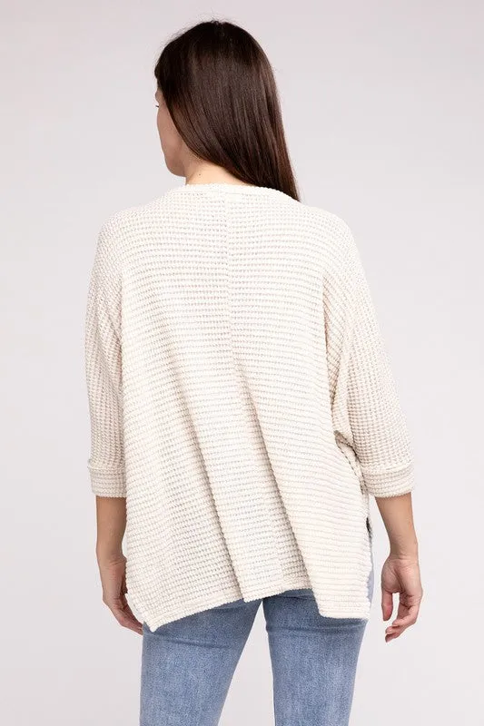 Chic Elegant Trendy 3/4 Sleeve V-Neck Hi-Low Hem Jacquard Sweater